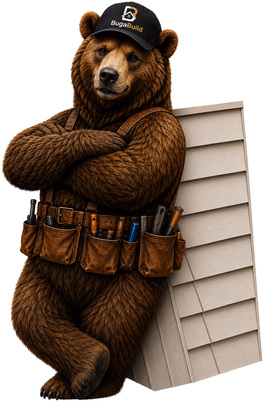 BugaBuild bear mascot wearing a cap and tool belt, leaning on siding